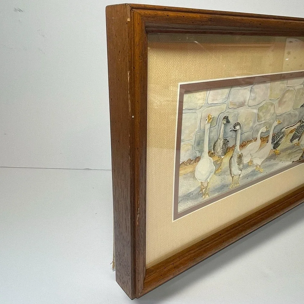 Geese Vintage Ava Freeman Watercolor Print Framed Brown Mat Wood Frame Country